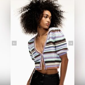 Aritzia Wilfred Canterbury Cardigan Cropped Blue & Brown Striped Merino Wool